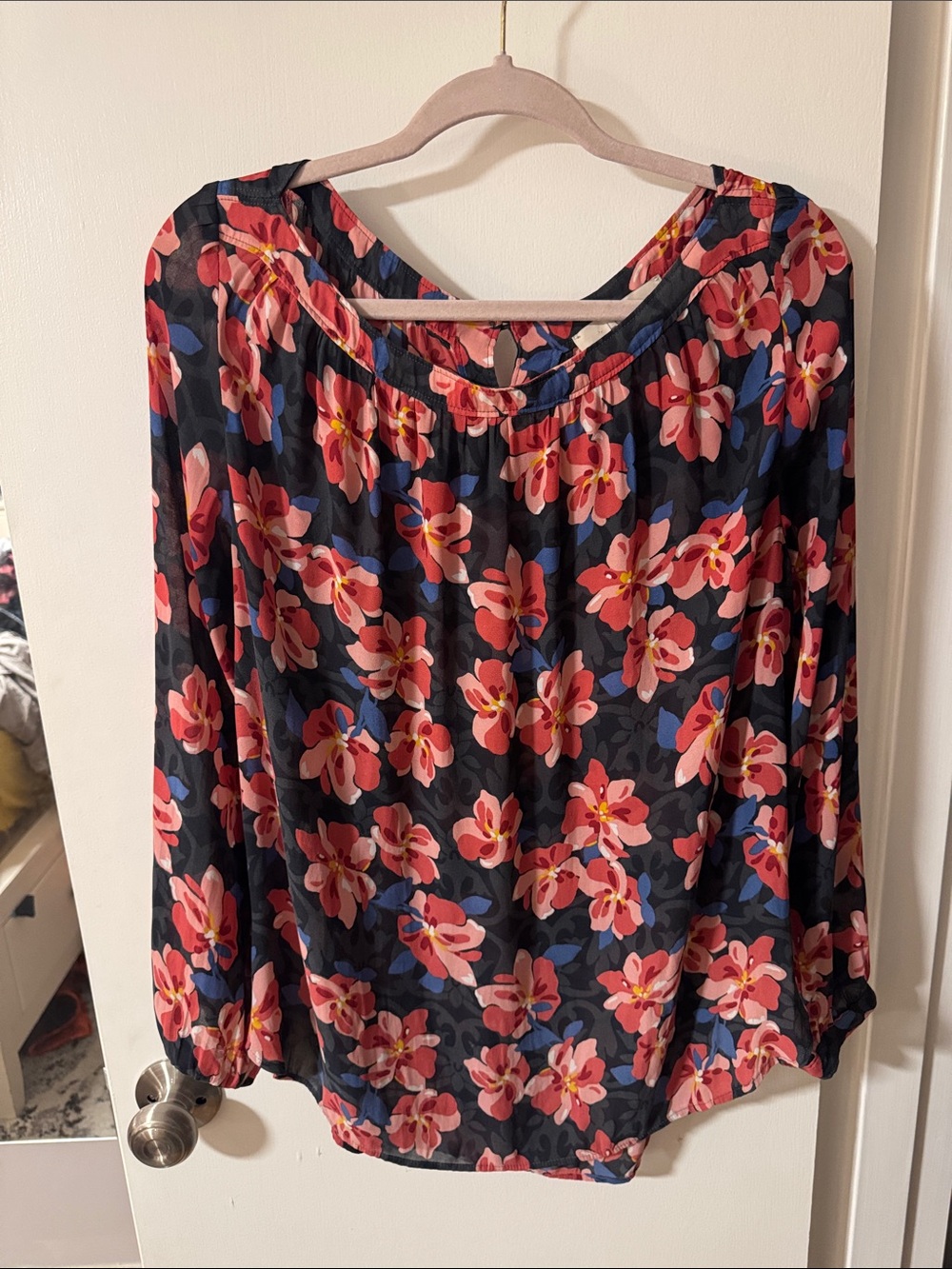 LOFT Navy Blouse with Pink Floral Print